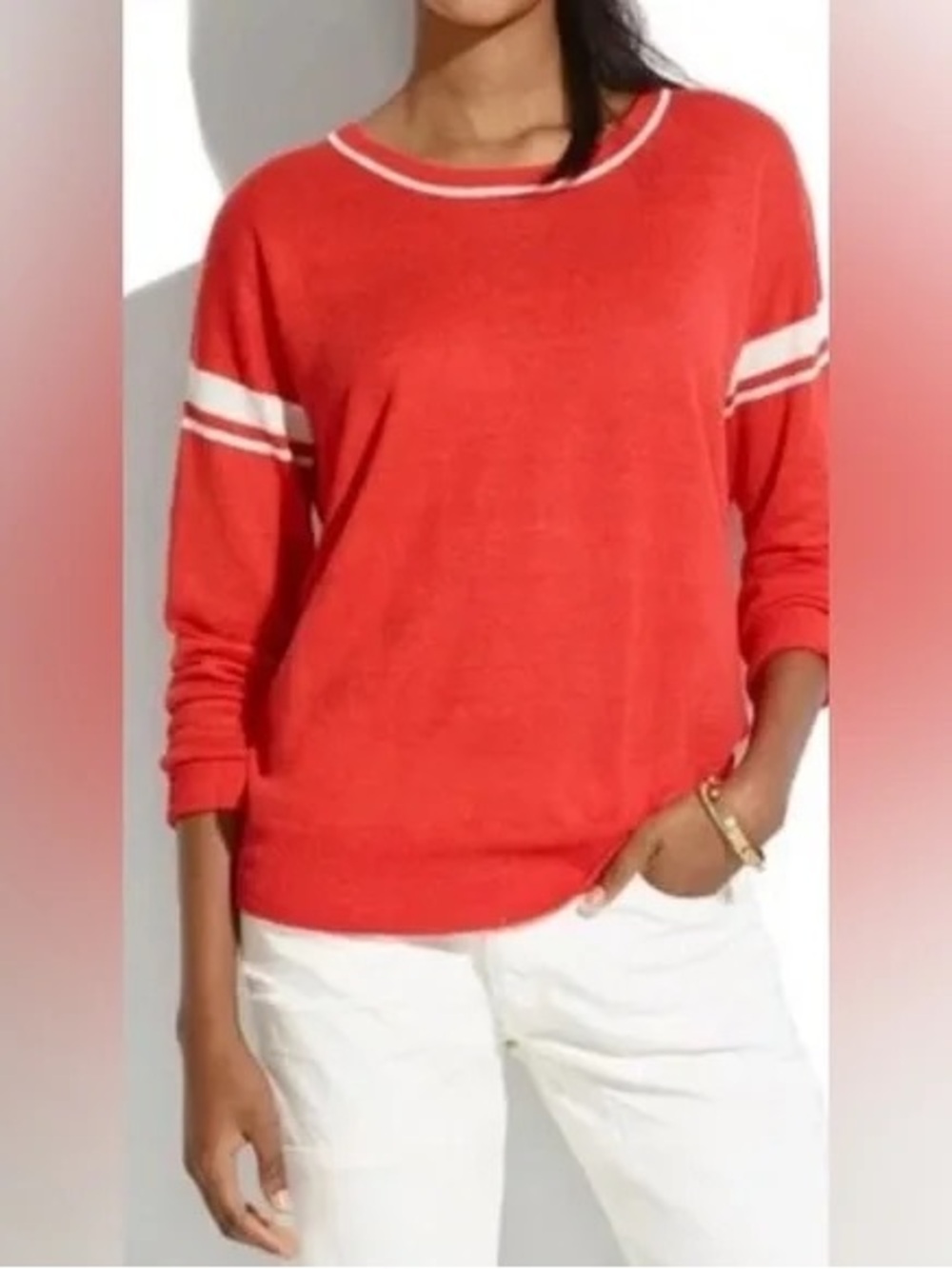 Madewell Linen Drop-Shoulder Varsity Stripe Pullover Sweater